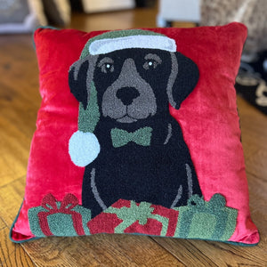 Black Puppy Red Velvet Christmas Pillow with Presents