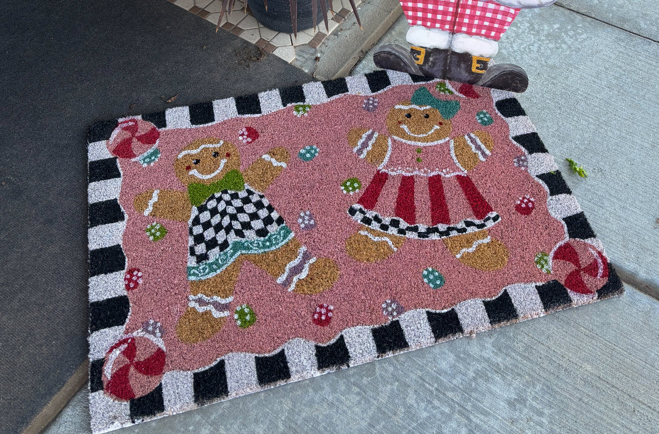 Christmas Gingerbread Boy & Girl Pink Coir Door Rug