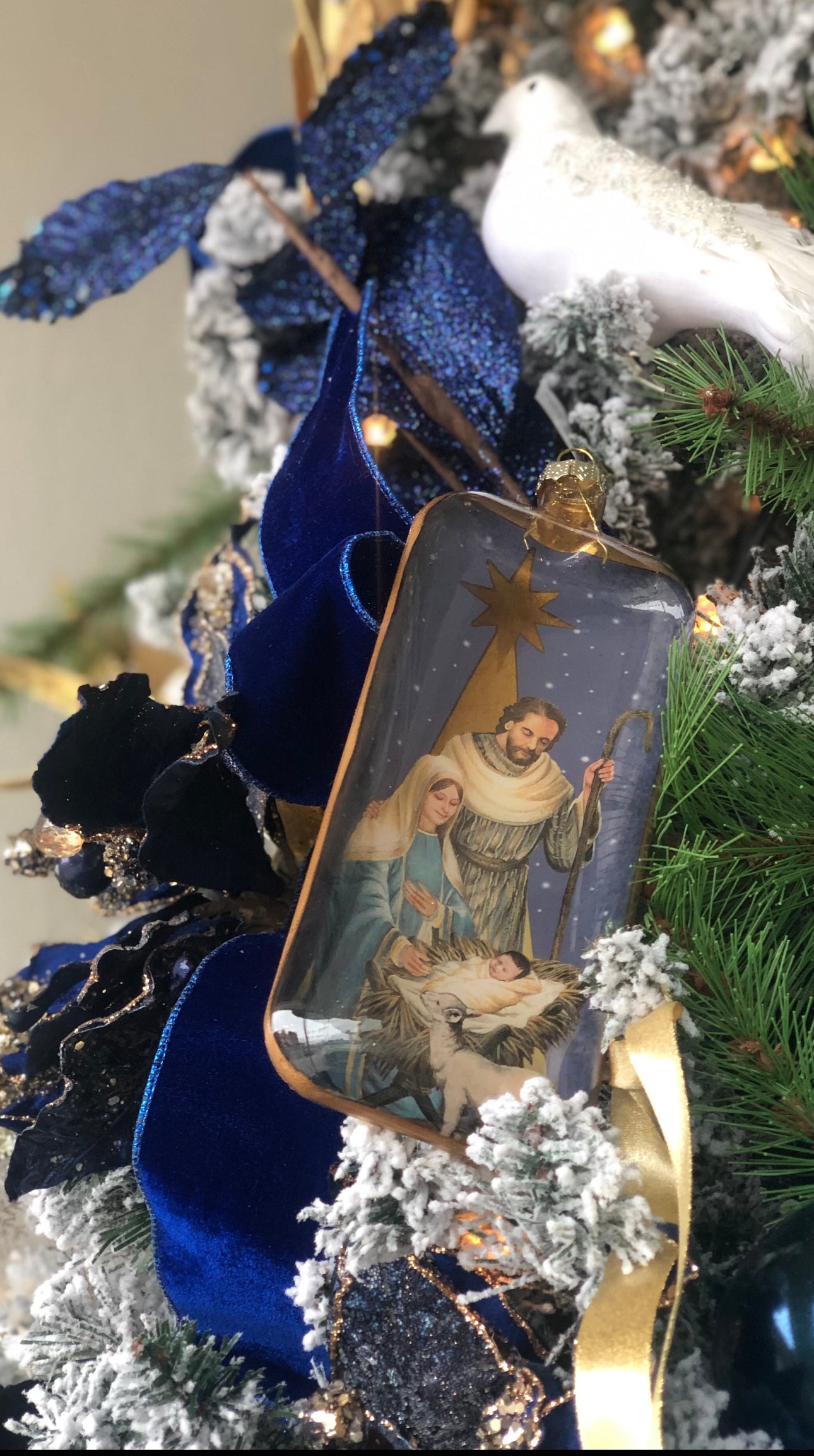 Glass Blue Nativity & Gold Ornament