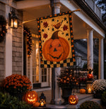 Load image into Gallery viewer, Large Jack O' Lantern Outdoor Flag with Check And Polka Dot Border
