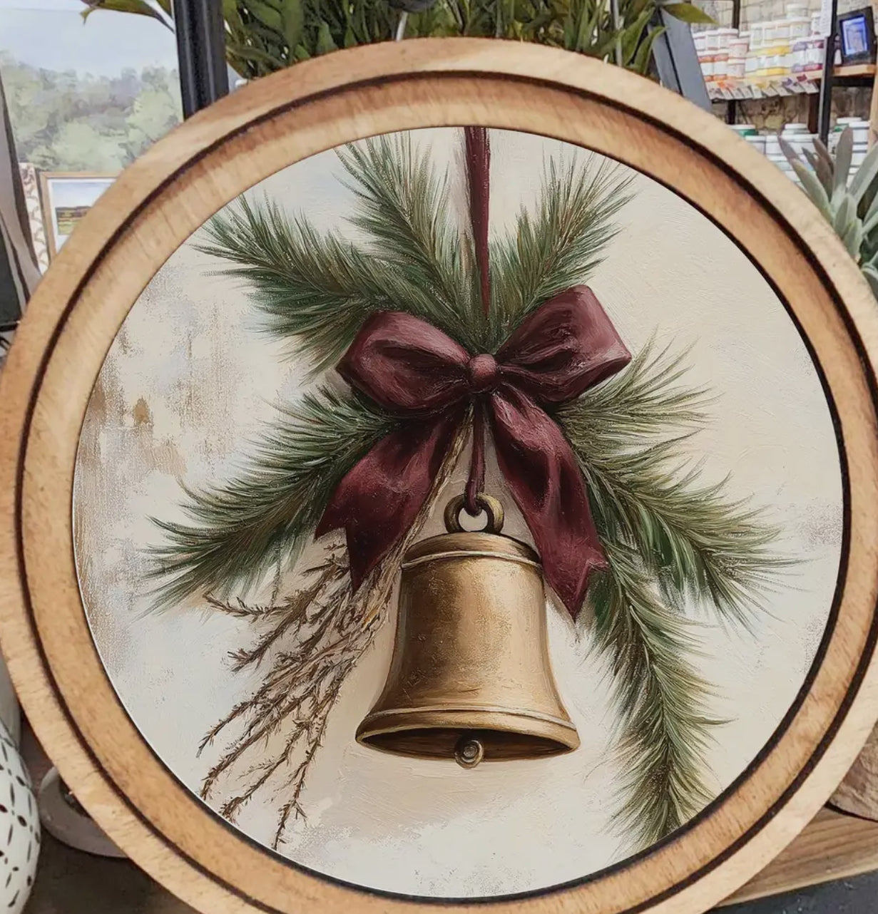 Round Christmas Gold Bell with Burgundy Ribbon Wooden Art