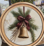 Load image into Gallery viewer, Round Christmas Gold Bell with Burgundy Ribbon Wooden Art
