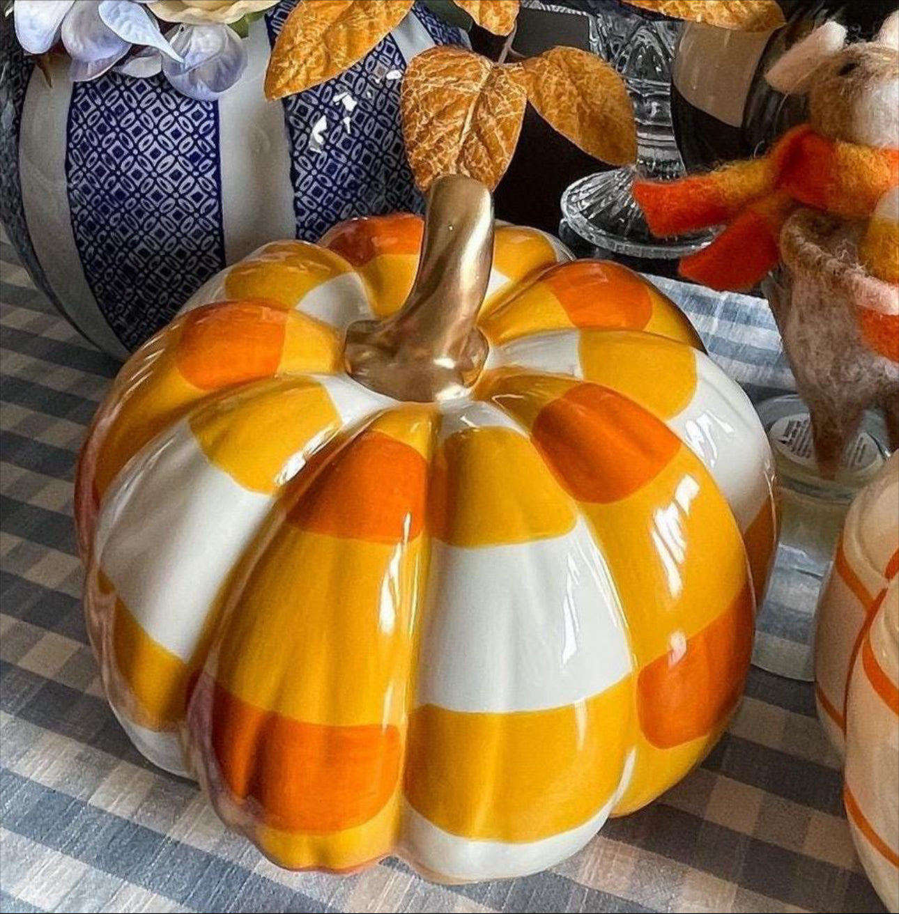 Candy Corn Colored Buffalo Check Pumpkin with Gold Stem