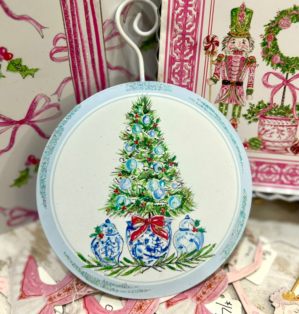 Blue & White Round Ornament with Christmas Tree