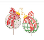 Load image into Gallery viewer, Set of 2 Red, Green &amp; White Large Christmas Metal Ornaments with Bows
