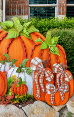 Load image into Gallery viewer, Plaid Orange and Brown Pumpkins Set of 2 Metal Stakes
