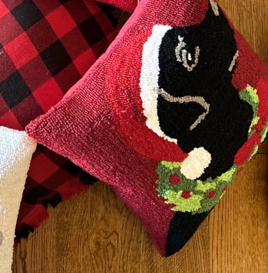 Christmas Black Lab Red Hooked Pillow