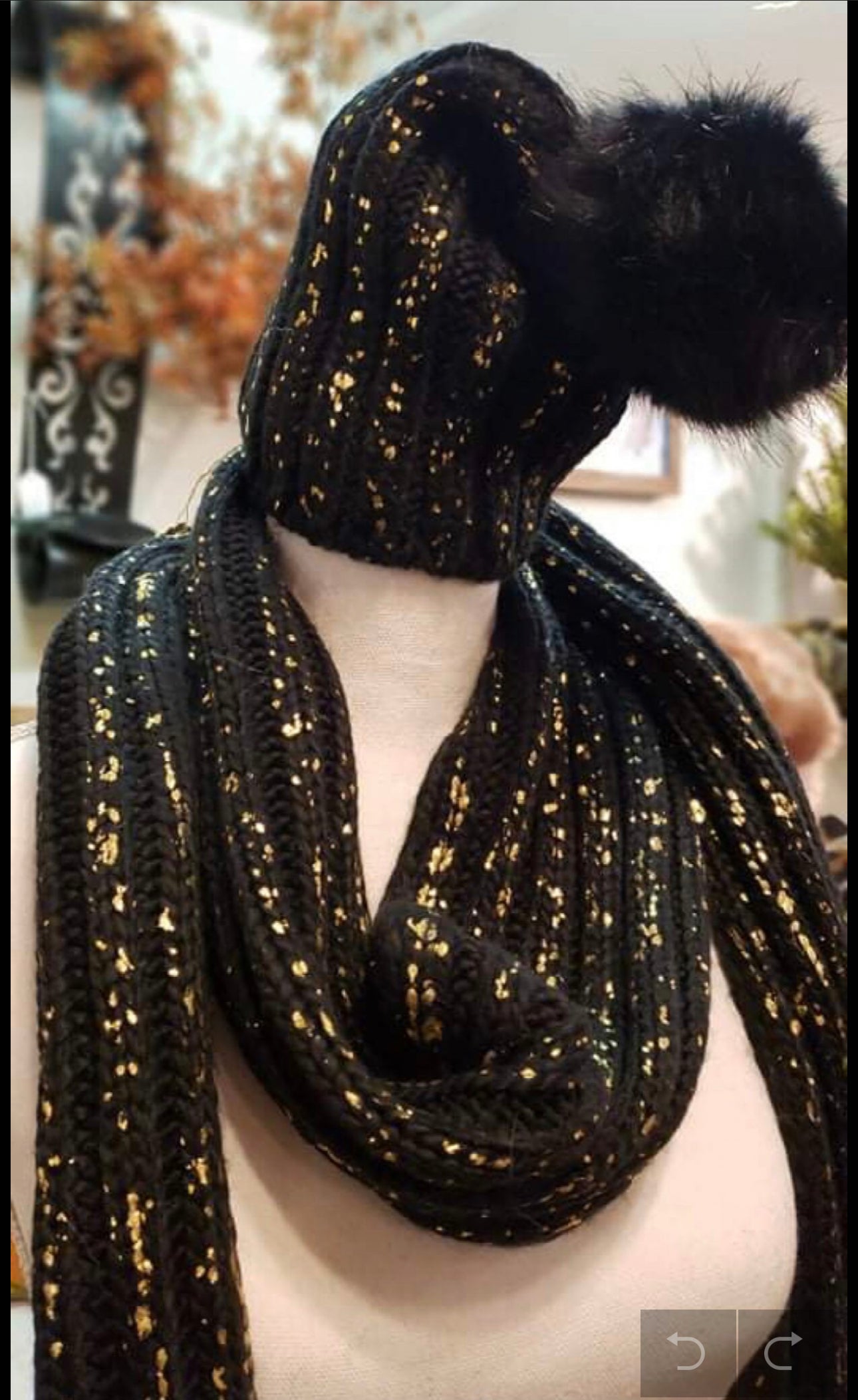 Glam Black & Gold Knit Metallic Scarf with Matching Hat