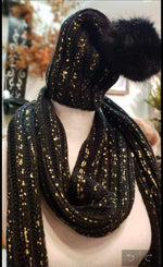 Load image into Gallery viewer, Glam Black &amp; Gold Knit Metallic Scarf with Matching Hat
