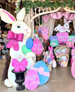Load image into Gallery viewer, Huge White Rabbit with Hot Pink Bow Metal Stake Left Facing
