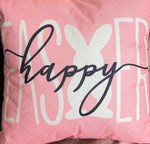 Load image into Gallery viewer, Happy Easter Pink Easter Pillow with Bunny in Background
