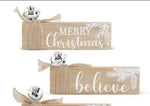 Load image into Gallery viewer, Set of 4 Signs w/ Burlap Bow and Silver Bell 6&quot;length Noel, Believe, Merry Christmas, Joy
