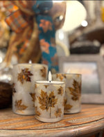 Load image into Gallery viewer, Autumn Nights Set of 3 Frosted LED Candles Gold Leaf Pattern
