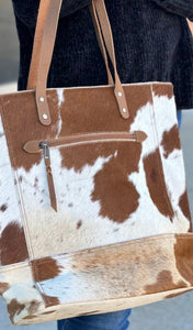 Cowhide and Leather Tote in Brown and White