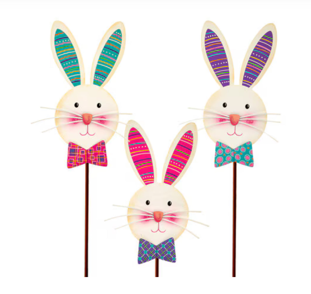 Turquoise Ears Bunny with Bow tie White Rabbit Metal Outdoor Stakes