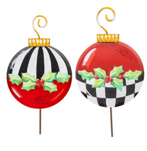 Christmas Black and White Stripe Red Ornament Metal Stakes Set of 2