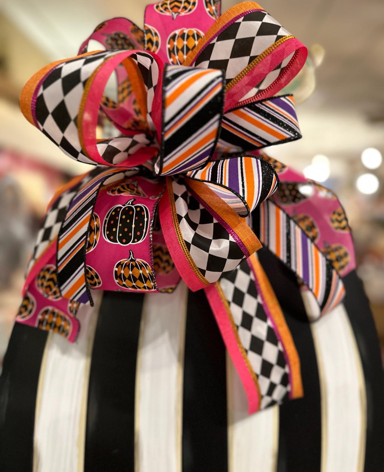 (4) Option Bows: Whimsical Custom Bows Harlequin Black, White, Bright Green, Pink Pumpkin, Stripe Ribbon, Purple, Orange