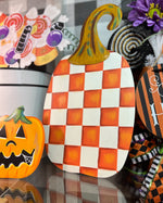 Load image into Gallery viewer, Set of 3 Pumpkins and 1 Tall Gourd Black &amp; White Stripe Metal Stake
