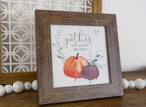Gather with Grateful Hearts Fall Pumpkin Wood Framed Shimmering Picture