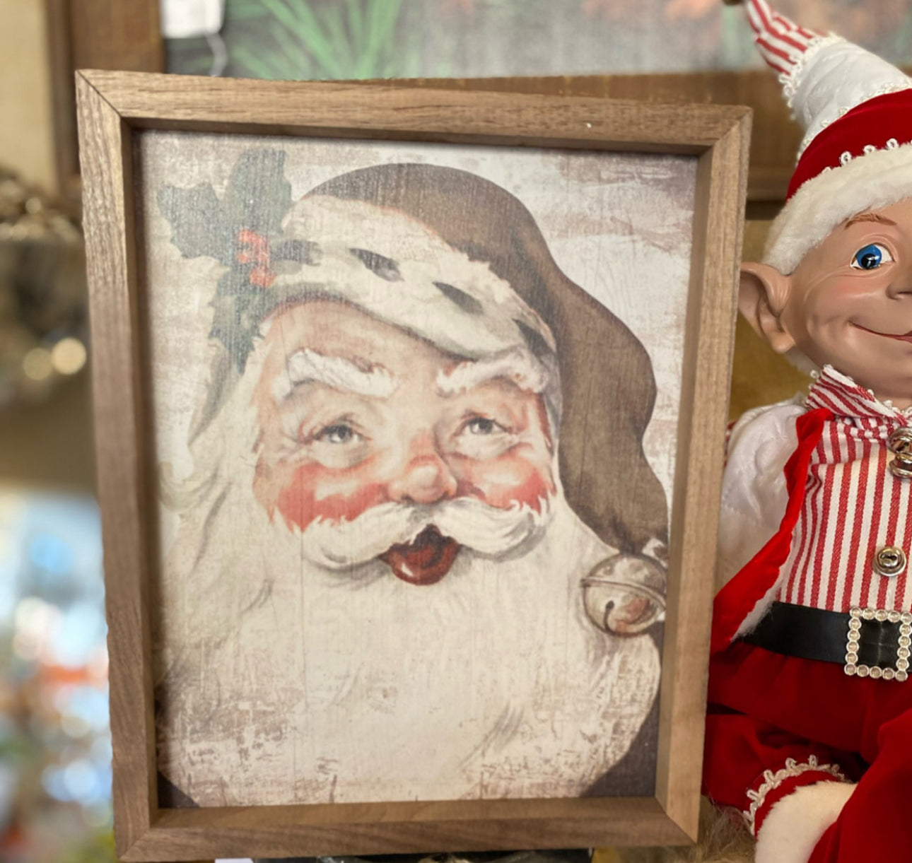 Classic Santa Wooden Art Neutral with Wood Frame Christmas Art