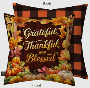 Fall Grateful, Thankful, and Blessed Buffalo Check Back Pillow with Pumpkins 17”x17”