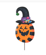 Load image into Gallery viewer, Orange Candy Jack O Lantern Witch Metal Stake with Attached Easel
