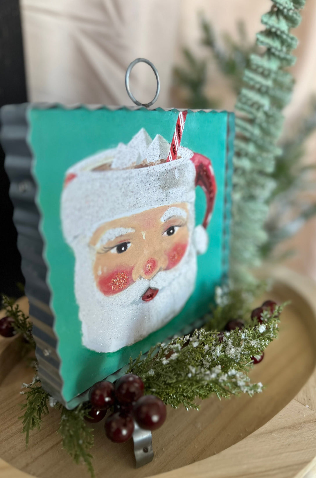 Santa Face Turquoise Mini Print with Galvanized Frame