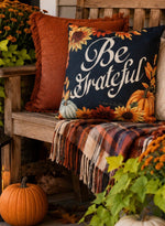 Load image into Gallery viewer, Fall Black Be Grateful Pumpkins and Sunflowers Outdoor Pillow with Tan Backside
