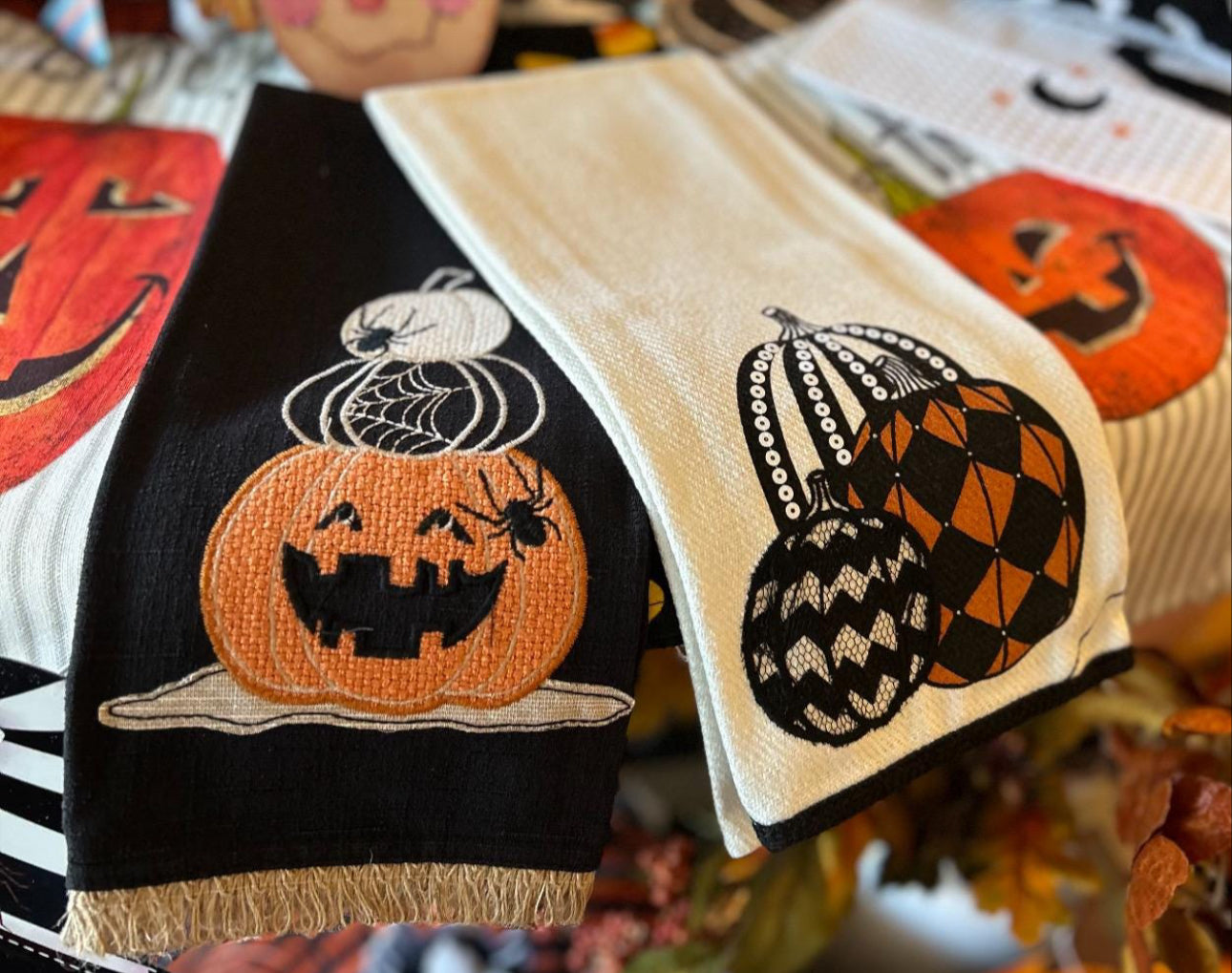 27 Inch Black Halloween Jack O Lantern Stitched Towel