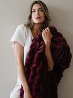 Load image into Gallery viewer, Couture Double Ruched Royal Dark Wine Faux Fur Throw 50”x60”
