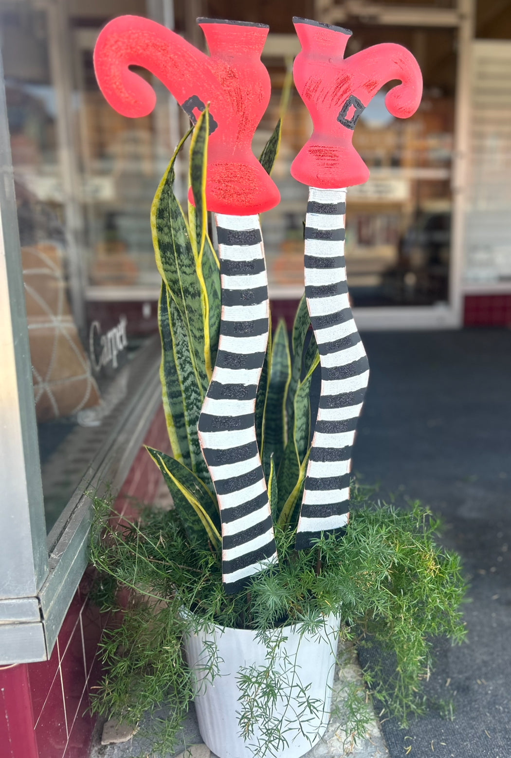 Witches Striped Black & White Metal Legs with Red Shoes Sign with Stake