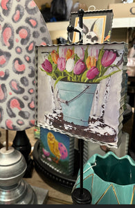 Bucket of Tulips Mini Print with Cowhide Cushion Chair