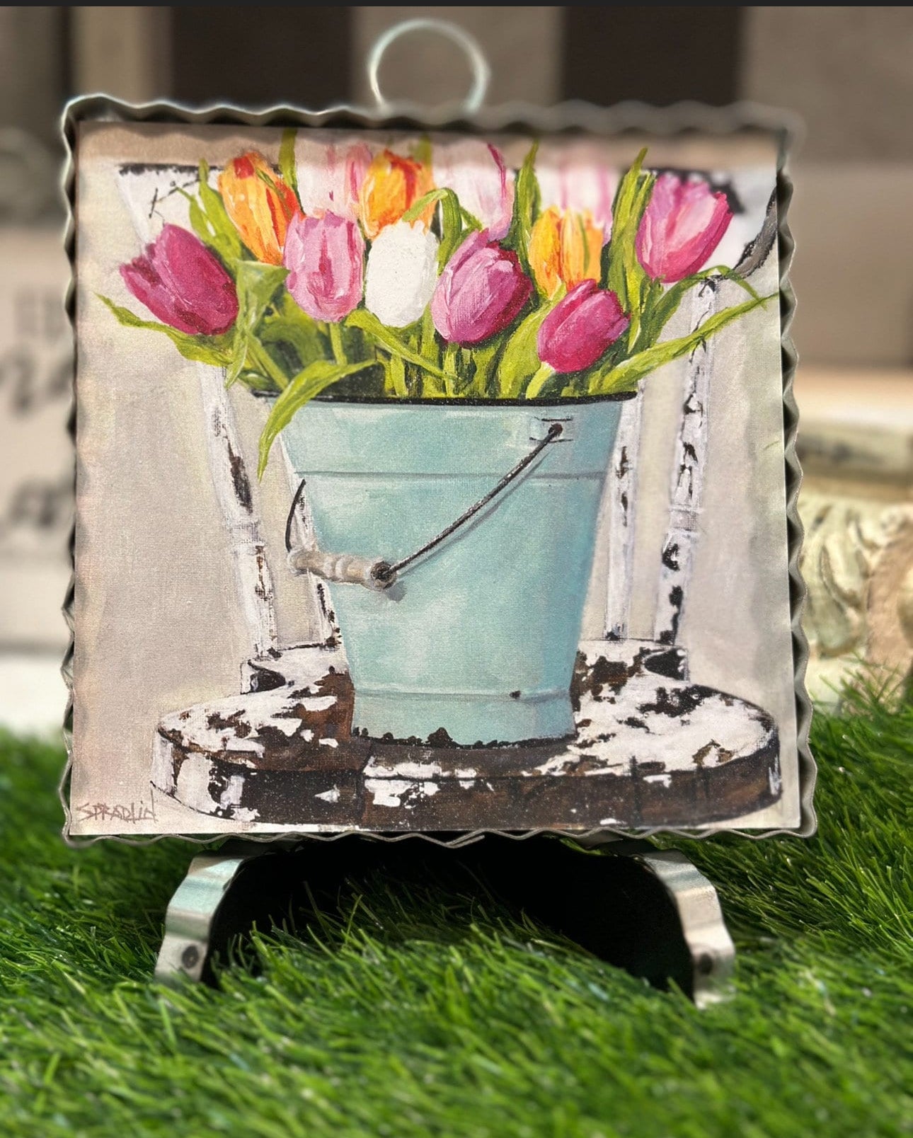 Bucket of Tulips Mini Print with Cowhide Cushion Chair