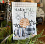 Load image into Gallery viewer, Hello Fall Pumpkins Outdoor Flag Small Black White, and Orange Plaid Border
