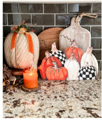 Load image into Gallery viewer, Pile of Orange/White Pumpkins with Black &amp; White Check Pumpkin Metal Stake and Easel
