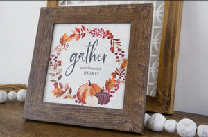 Gather with Grateful Hearts Fall Pumpkin Wood Framed Shimmering Picture