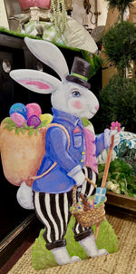 Load image into Gallery viewer, Lg. Walking Tall Rabbit Black and White Striped Pants Rabbit Metal Stake 28”h
