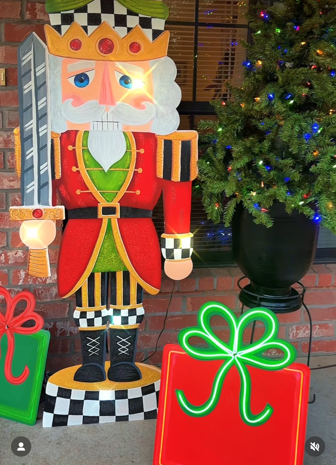 Christmas Neon Red Package with Green Bow Metal Stake Outdoor or Indoor