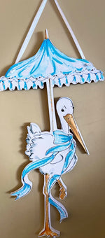 Load image into Gallery viewer, It’s a Boy Stork in Blue and White Door Décor Decorative Front Door Sign with Ribbon Hanger
