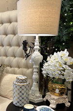 Load image into Gallery viewer, White French Country Tall Cream Linen Shade Lamp 40”h
