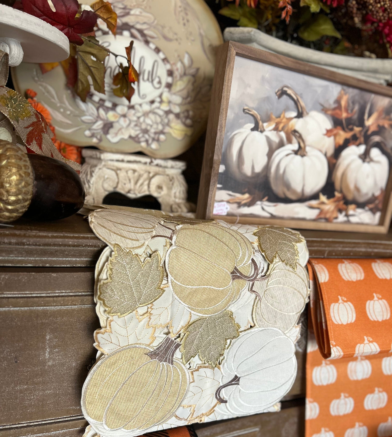White Pumpkins with Fall Leaves Art and Wood Frame