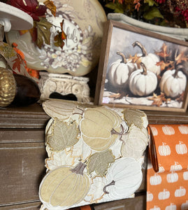 White Pumpkins with Fall Leaves Art and Wood Frame