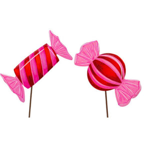 Set of 2 Hot Pink and Red Candy Pieces Metal Outdoor or Indoor Stake