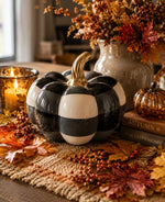 Load image into Gallery viewer, Ceramic Black &amp; White Check Pumpkin with Gold Stem
