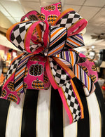 Load image into Gallery viewer, (4) Option Bows: Whimsical Custom Bows Harlequin Black, White, Bright Green, Pink Pumpkin, Stripe Ribbon, Purple, Orange
