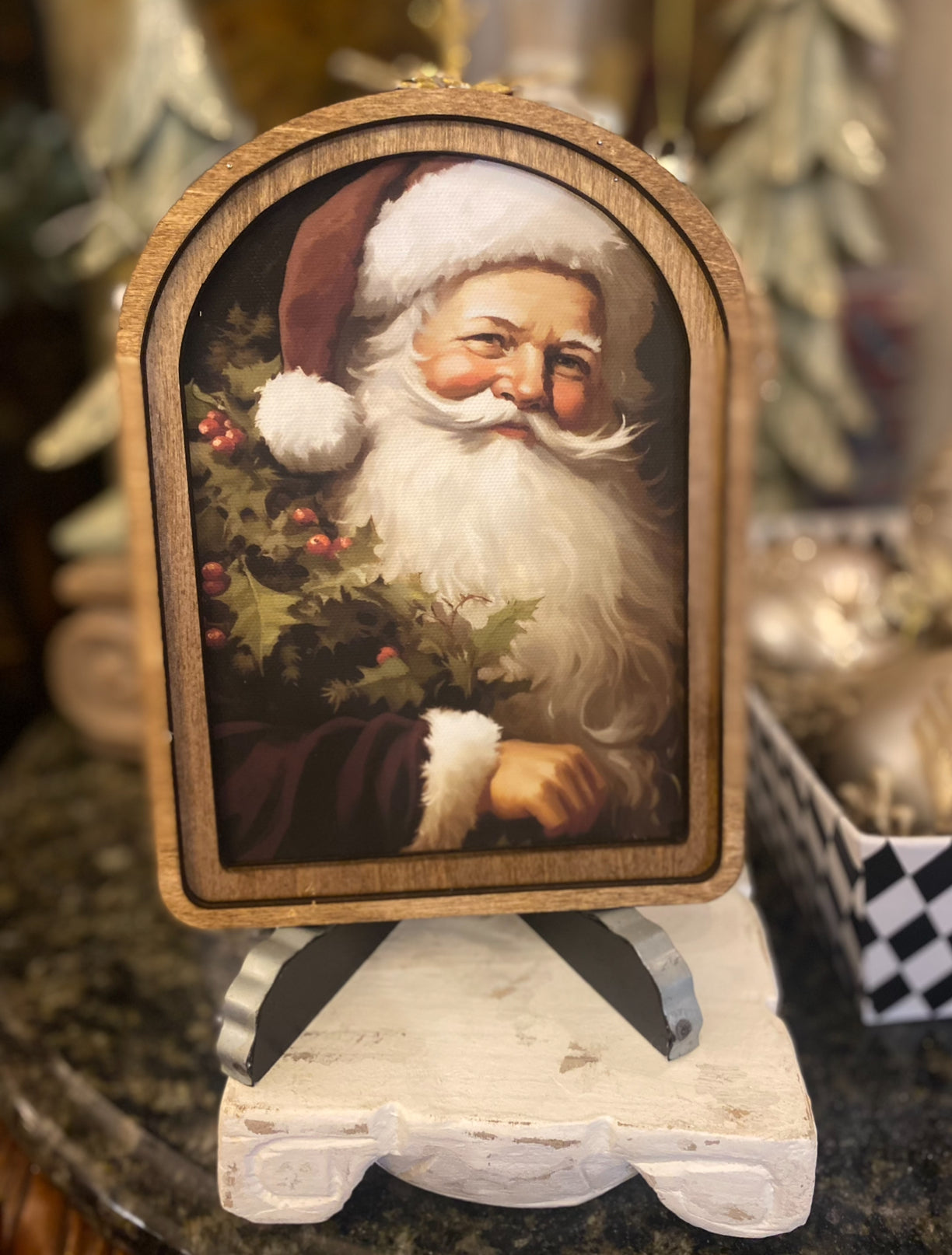 Arch Top Wooden Classic Santa Art in Burgundy or Round Wood Frame