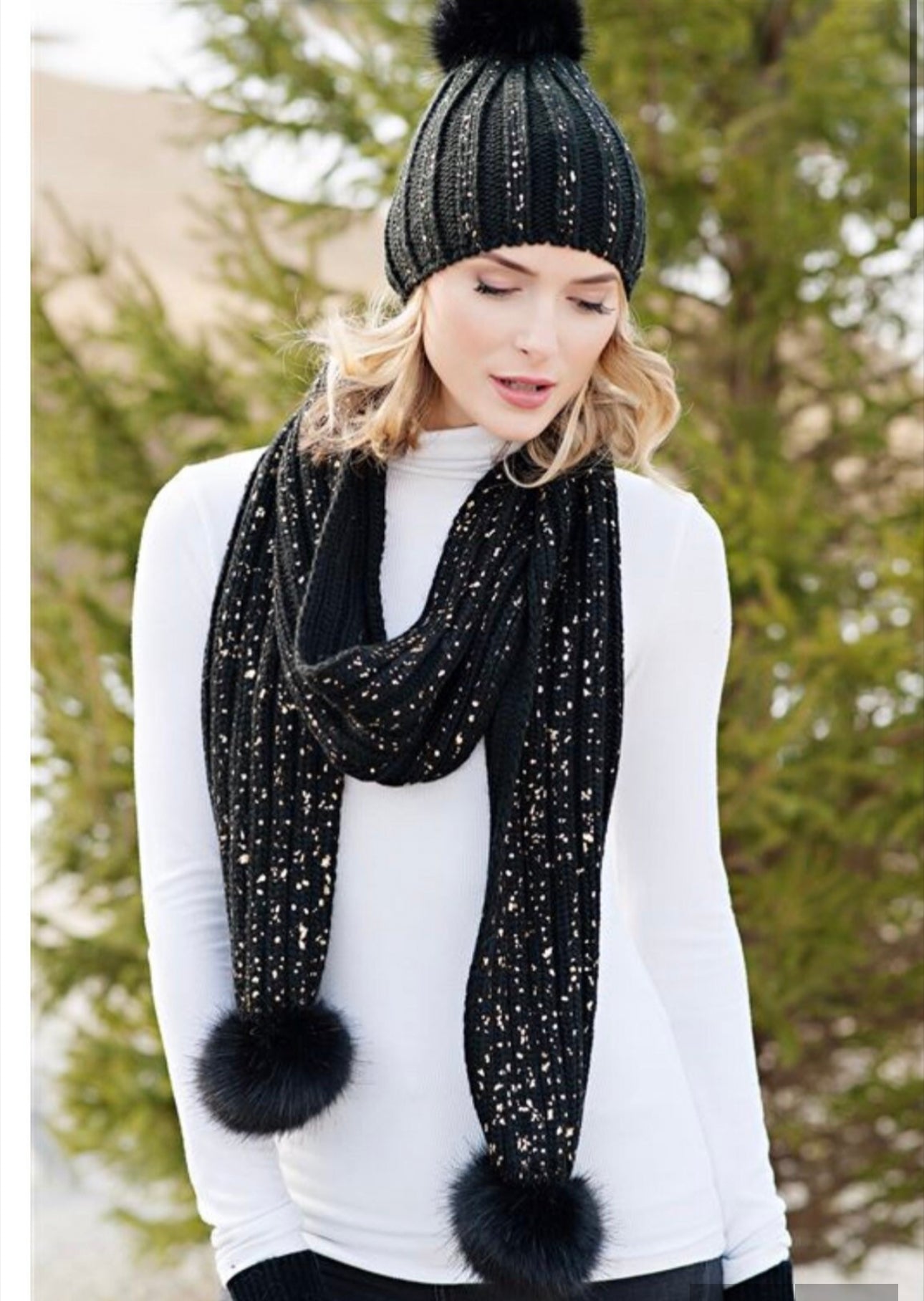 Glam Black & Gold Knit Metallic Scarf with Matching Hat