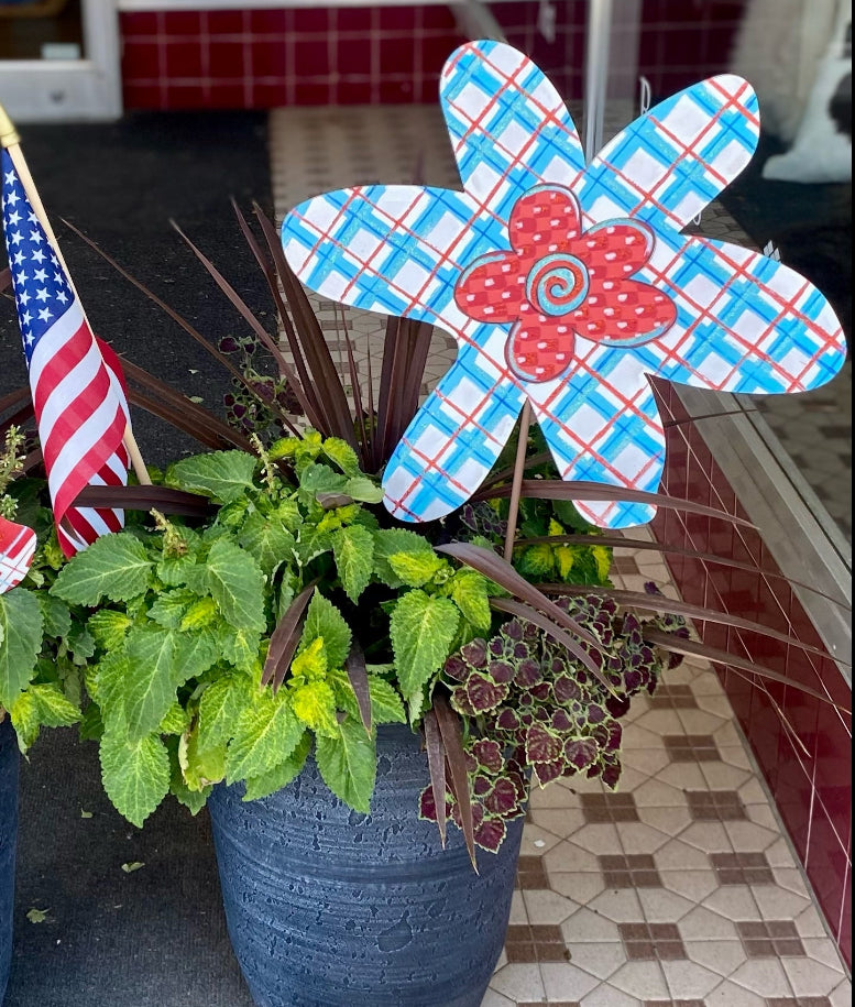 Americana: Set of 2 Red, White, and Blue Plaid Flower Metal Stake Sign
