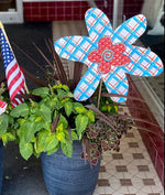 Load image into Gallery viewer, Americana: Set of 2 Red, White, and Blue Plaid Flower Metal Stake Sign
