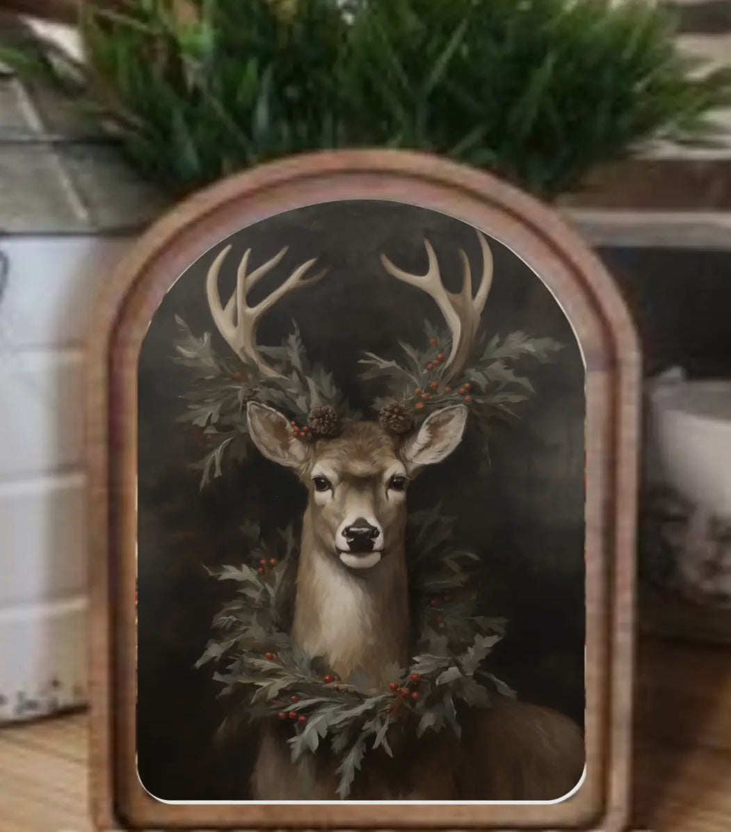 ArchTop Wooden Deer Art with Holly Christmas Picture